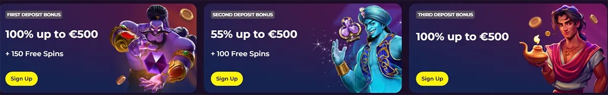 Casino bonus banners promoting first, second, and third deposit offers, featuring illustrated fantasy characters, free spins details, and yellow sign-up buttons on a dark purple background.