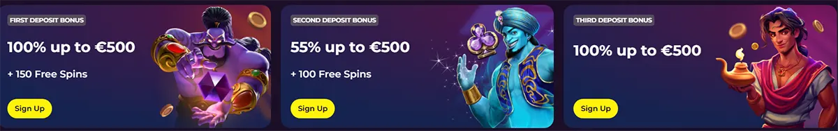 Casino bonus banners promoting first, second, and third deposit offers, featuring illustrated fantasy characters, free spins details, and yellow sign-up buttons on a dark purple background.