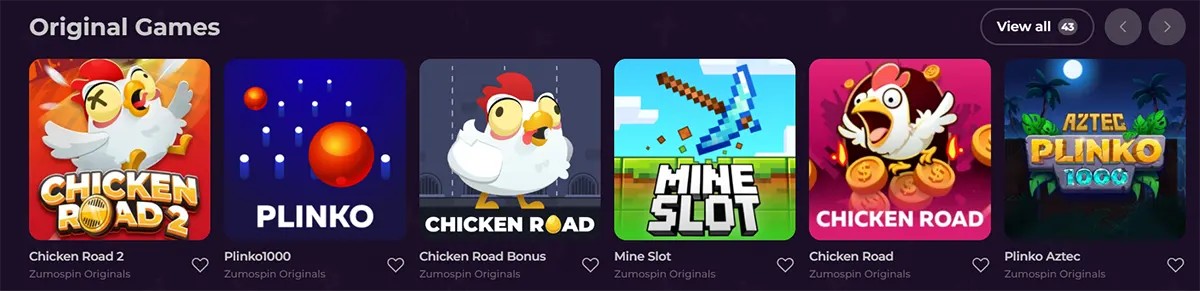Original casino games row featuring colorful titles such as Chicken Road 2, Plinko, Chicken Road Bonus, Mine Slot, Chicken Road, and Plinko Aztec on a dark purple interface.
