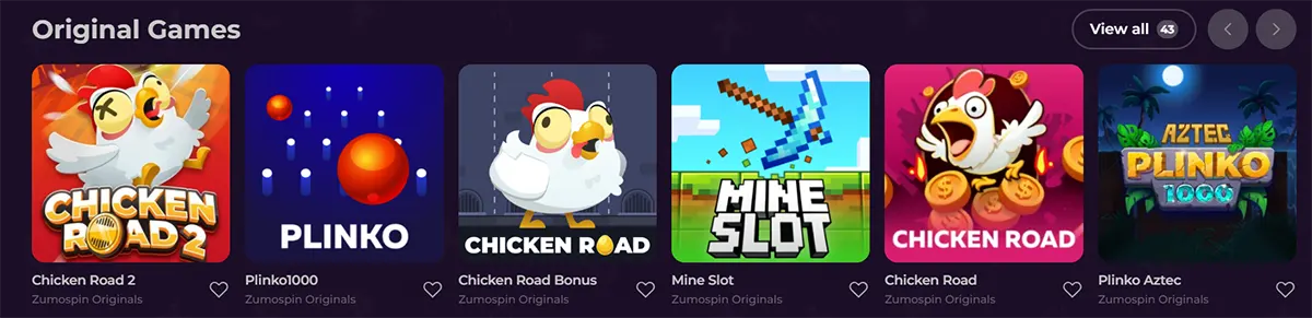 Original casino games row featuring colorful titles such as Chicken Road 2, Plinko, Chicken Road Bonus, Mine Slot, Chicken Road, and Plinko Aztec on a dark purple interface.