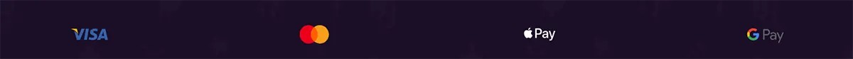 Payment methods strip showing Visa, Mastercard, Apple Pay, and Google Pay logos on a dark purple background.