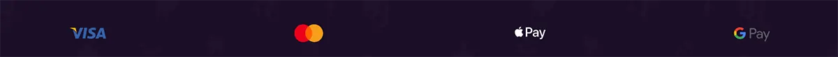 Payment methods strip showing Visa, Mastercard, Apple Pay, and Google Pay logos on a dark purple background.