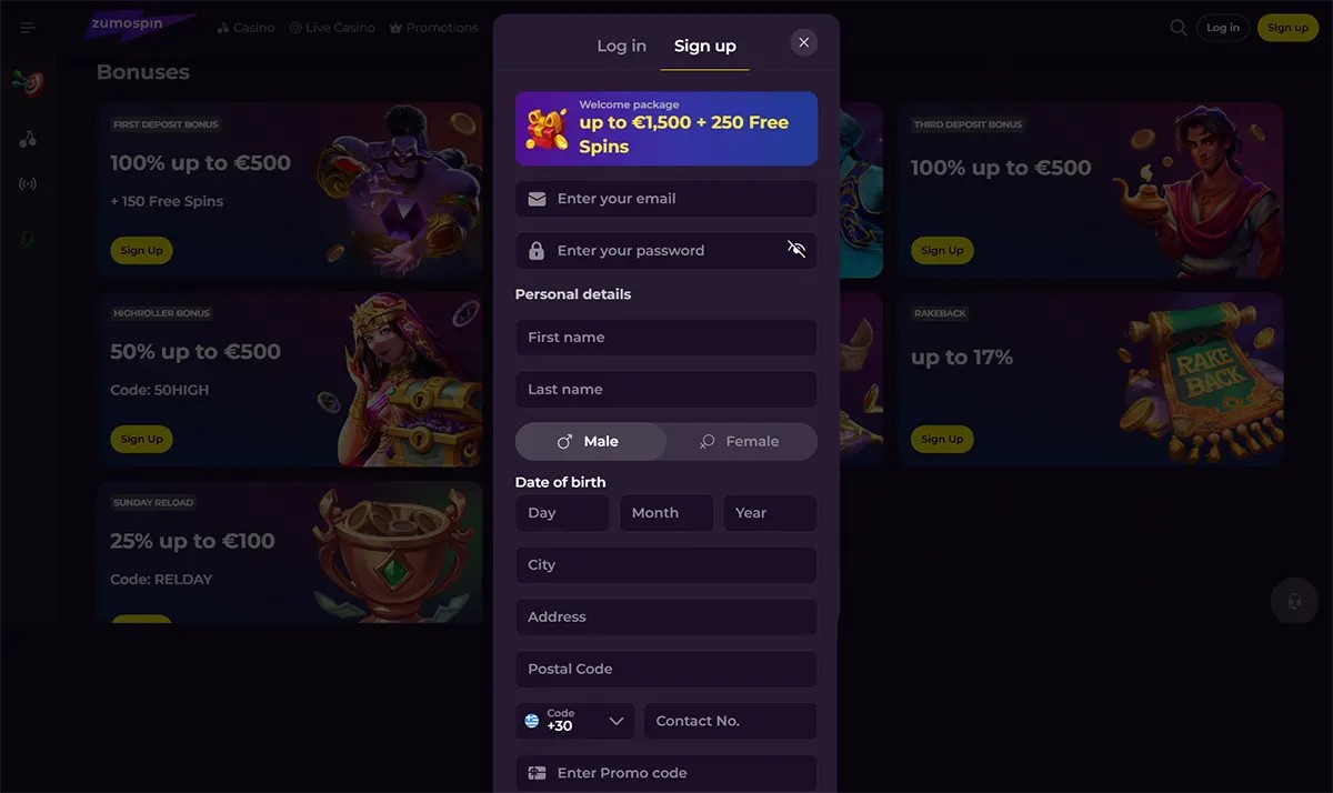 Casino sign-up popup with a welcome package of up to €1,500 and 250 free spins, featuring fields for email, password, personal details, date of birth, address, phone number, and promo code on a dark purple interface.