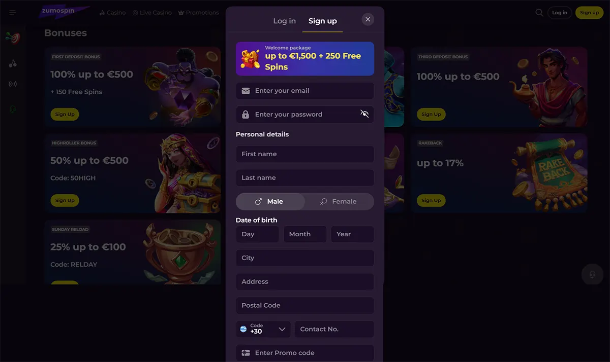 Casino sign-up popup with a welcome package of up to €1,500 and 250 free spins, featuring fields for email, password, personal details, date of birth, address, phone number, and promo code on a dark purple interface.